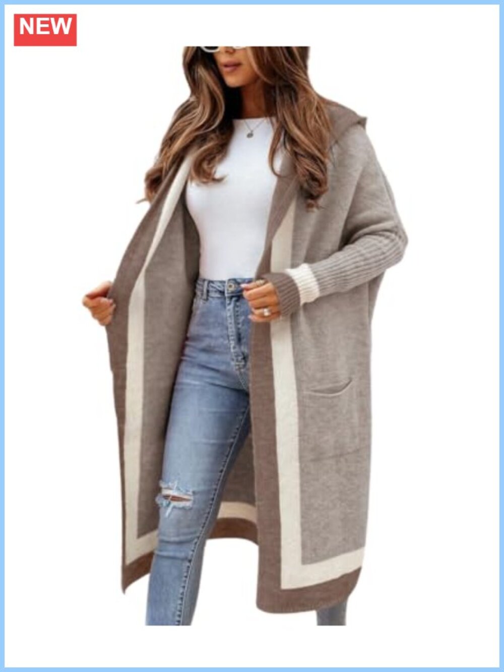 Women's Color Block Striped Open Front Oversized Hooded Cardigan with Pockets